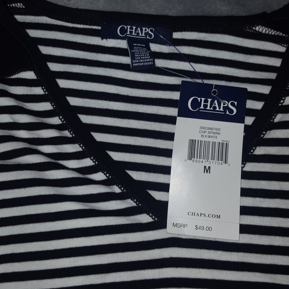 CHAPS BLACK & WHITE STRIPED V NECK TOP ~ NEW - Picture 2 of 5